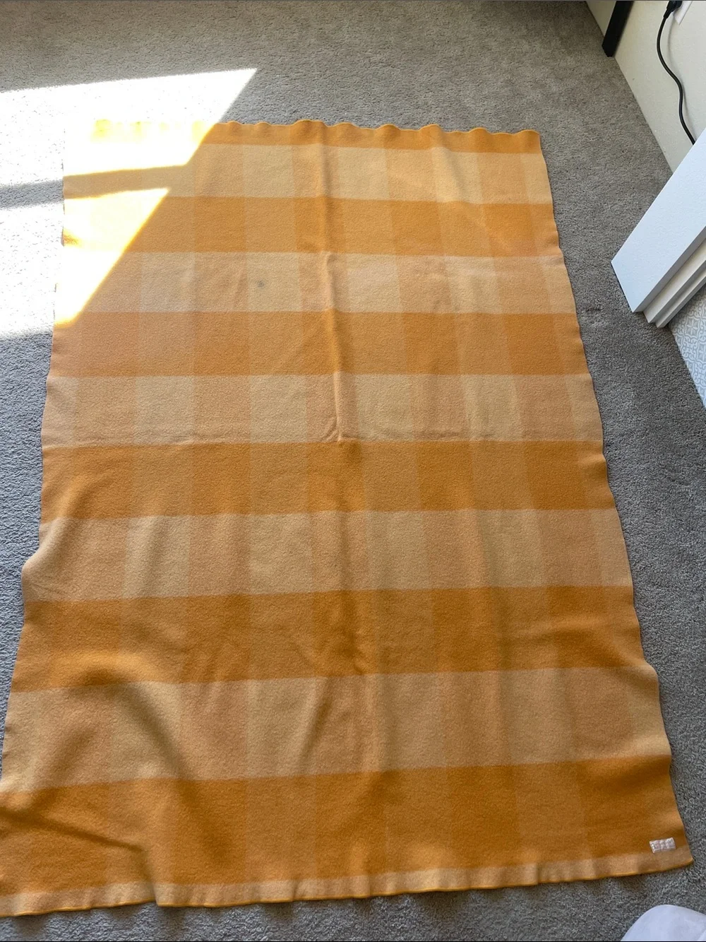 VTG Pendleton Virgin Wool Throw Blanket Checked Orange/Yellow Plaid Cabin Hygge